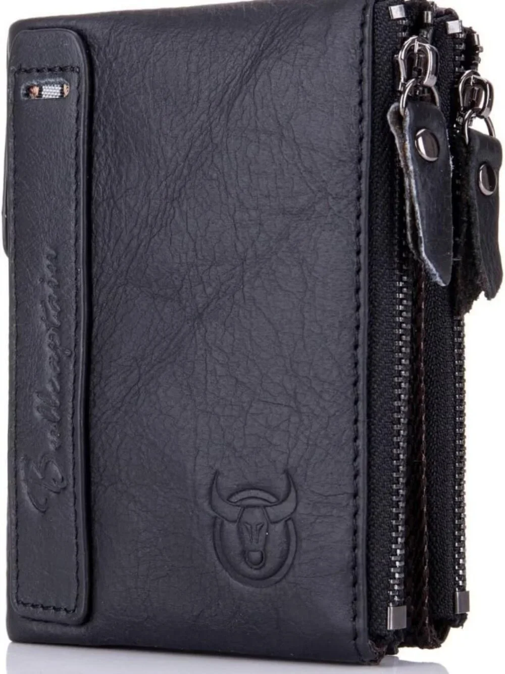 Vintage Genuine Leather Bifold Wallet for Men with Double Zipper Pockets - Black